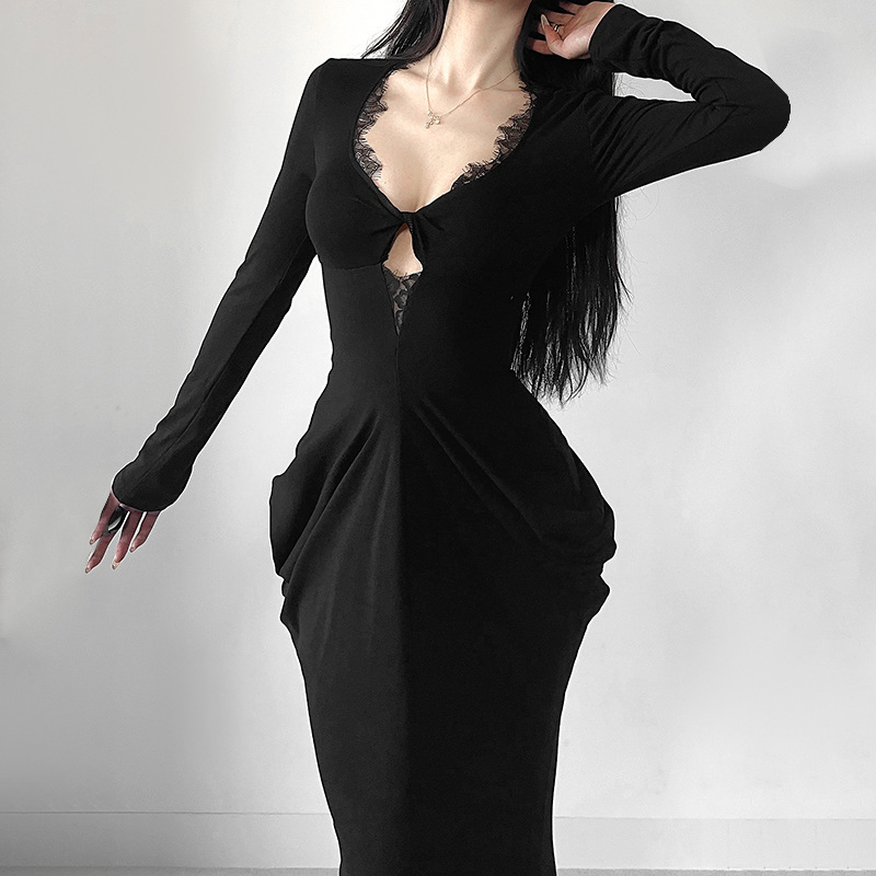 Plunging Neckline Long Sleeve Bodycon Dress