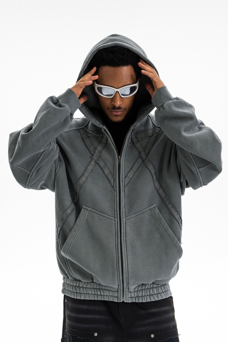 Utility Distressed Cotton Insulated Full-Zipper Embroidery Hoodie