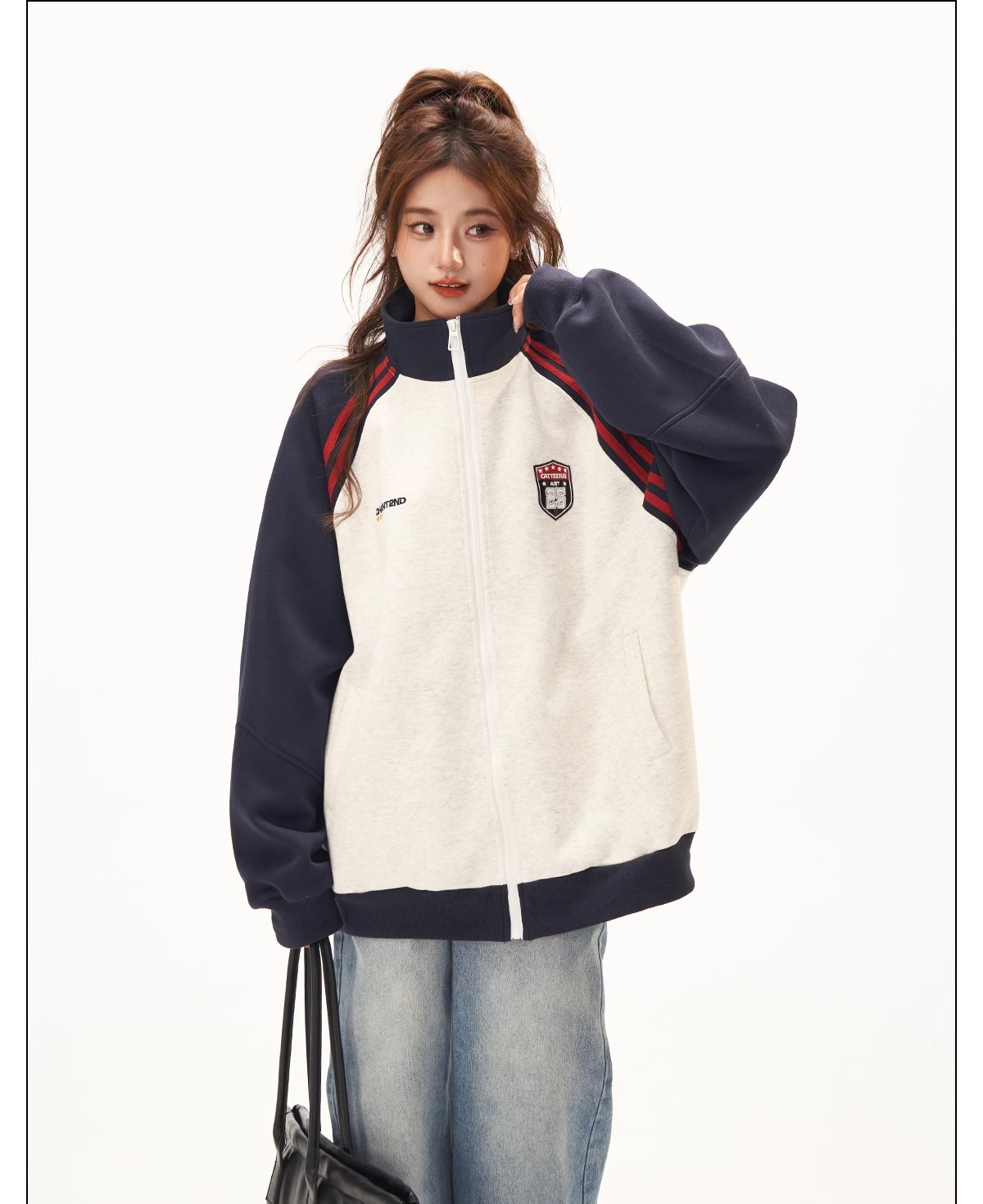 Retro Jacket for Women, High-End Patchwork Raglan Sleeve Hoodie Cardigan, Versatile Stand-Up Collar Top