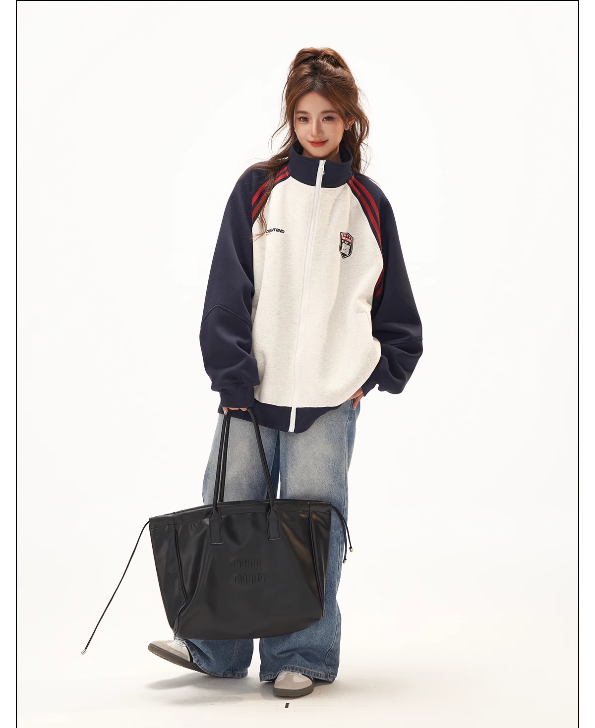 Retro Jacket for Women, High-End Patchwork Raglan Sleeve Hoodie Cardigan, Versatile Stand-Up Collar Top