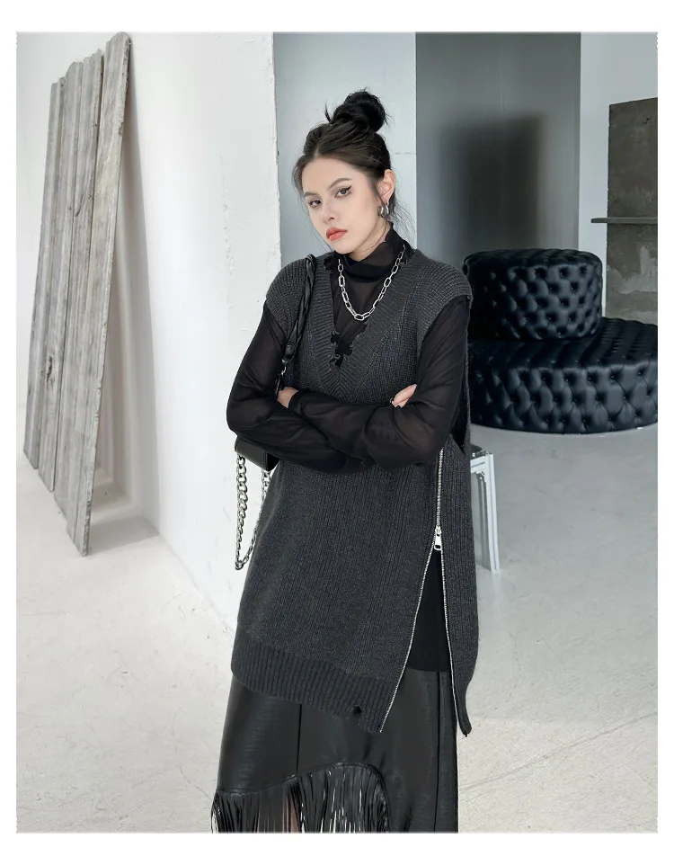 Women Sweater V-neck Asymmetry Sleeveless Knitting Vests Fashion Loose Long Dark Gray Autumn And Winter Sweater Vests