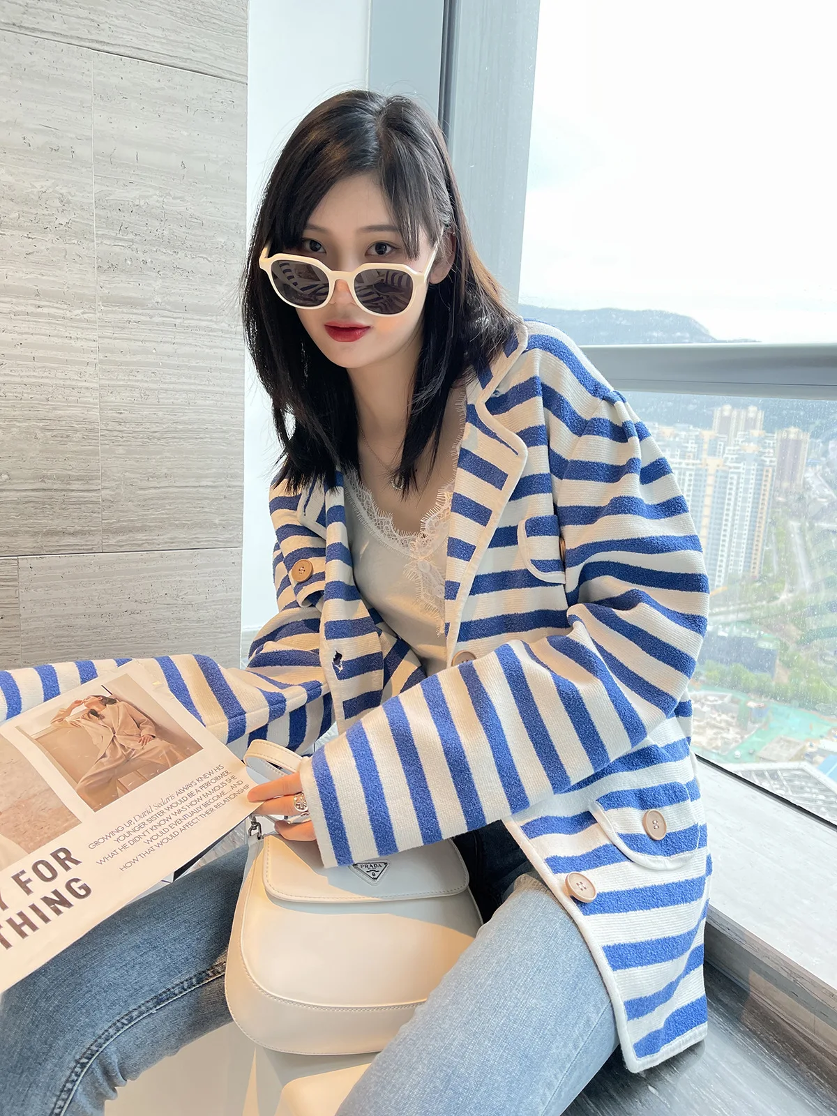 Ladies Relaxed Button Front Colorblock Cardigan