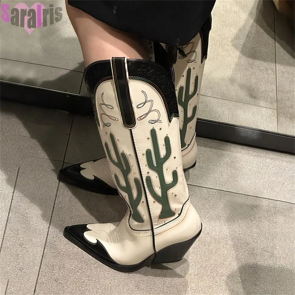 Western Cowboy Mid Calf Women Boots Chunky High Heels Cactus Vintage Cowgirl Long Boots Retro Shoes Woman