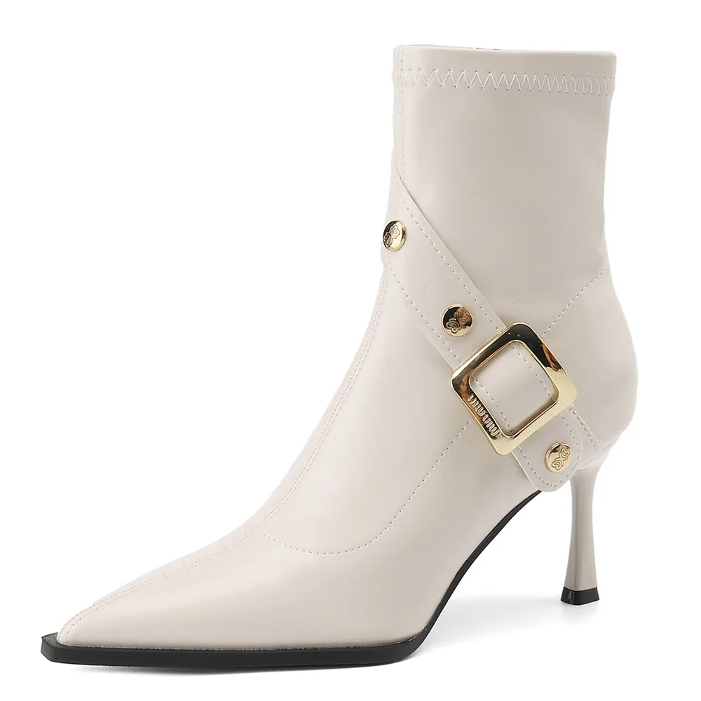 Pointed Toe Women Cow Leather Ankle Boots Thin Heels Zippers Solid Color Metal Rivet Dress Party Shoes