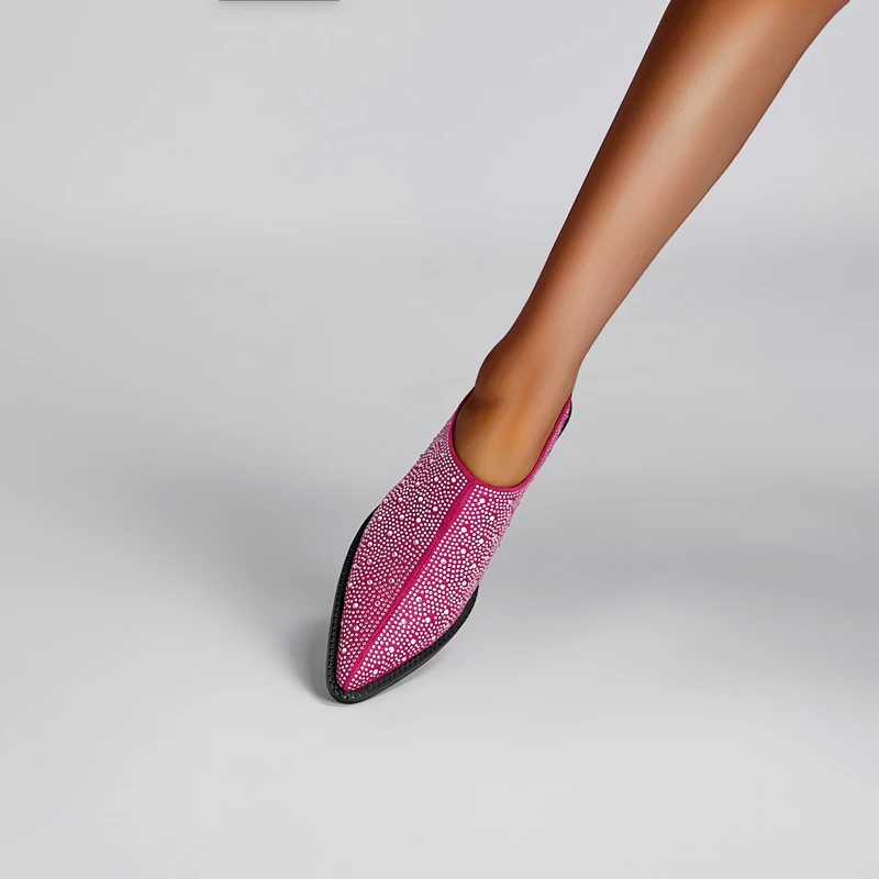 Ladies Tapered Toe Chunky Suede Crystal Mules