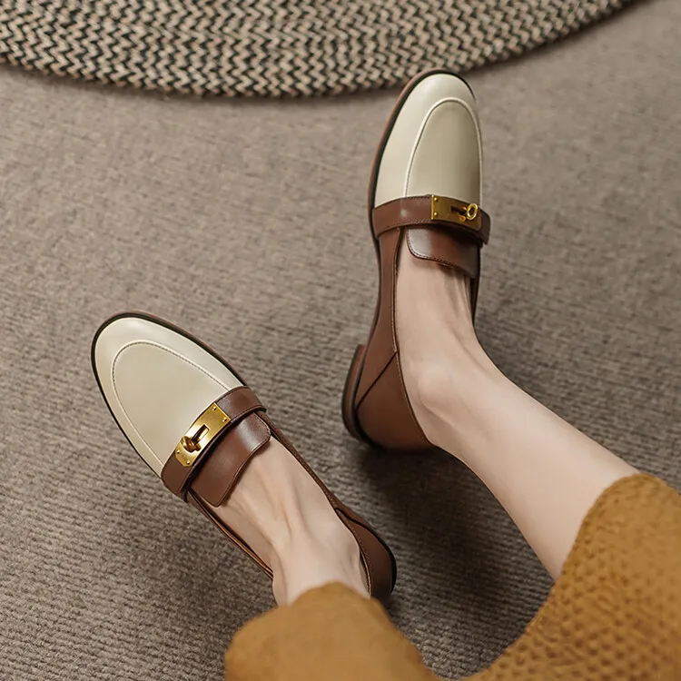 Blapunka Women Genuine Leather Loafers Designer Metal Lock Mix-color Slip-on Flat Shoe Ladies Spring Autumn Casual Comfort Flats