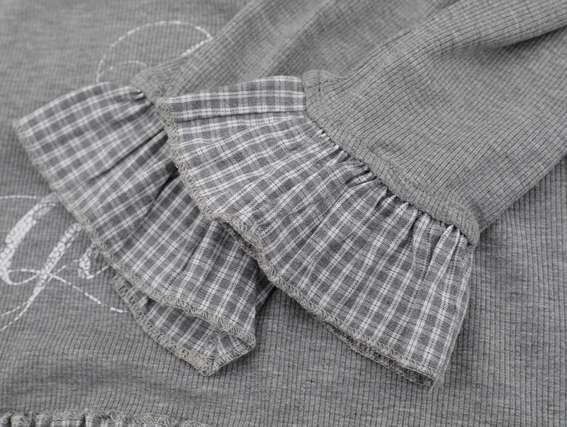T-Shirt Women Unique Personality Plaid Ruffle Splicing Slim Long Sleeve Base Shirt Top Trendy
