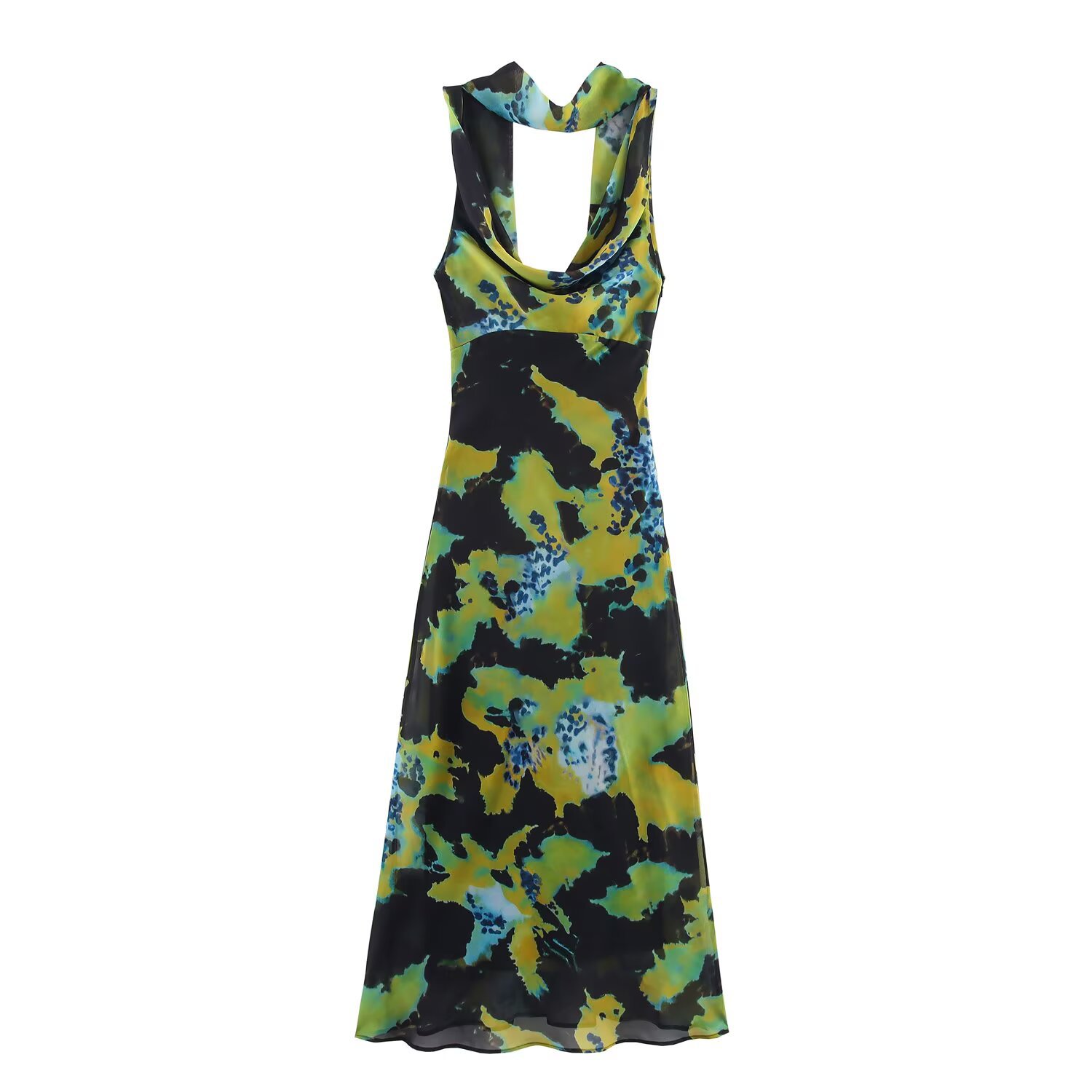 Patterned Tie Halter Open Back Dress