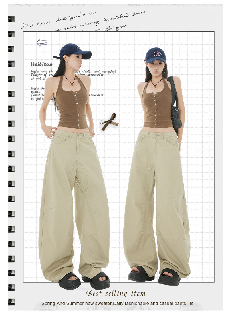 Curved Design Water-Washed Tapered Jeans Women High Street Loose Straight Wide-Leg Pants