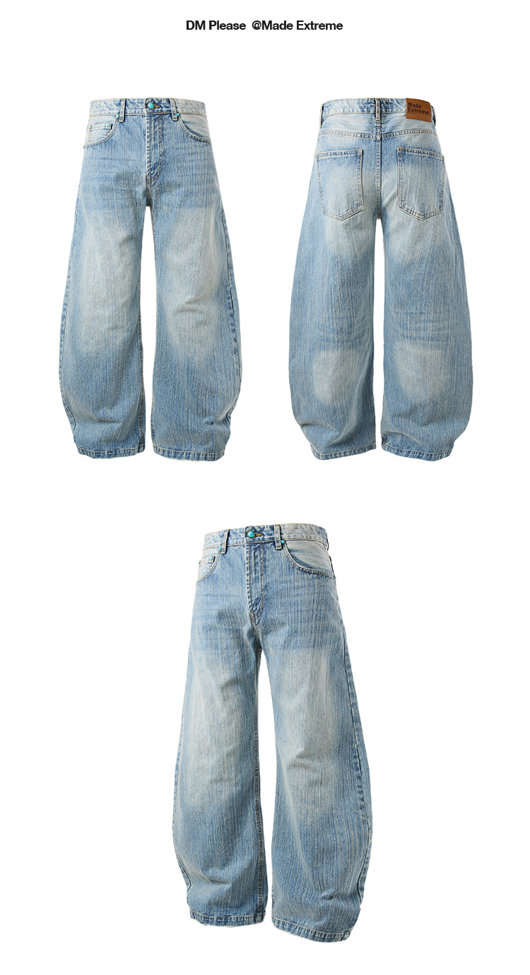 Washed Bamboo Slub Faded White Unisex Summer Loose Straight Denim Pants