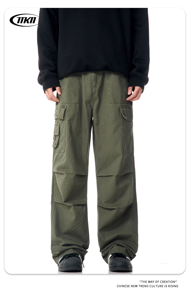 Faded Vintage Pleated Trendy Loose Fit Straight Leg Wide Leg Casual Trousers for Men and Women