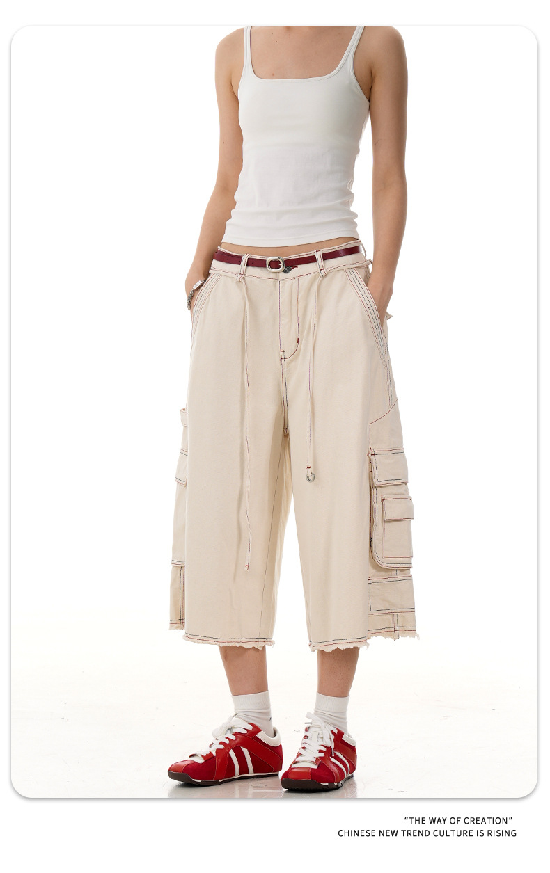 Multi-Pocket Workwear Capri Pants for Men and Women Summer Vintage Washed Loose Fit Wide Leg Casual Shorts