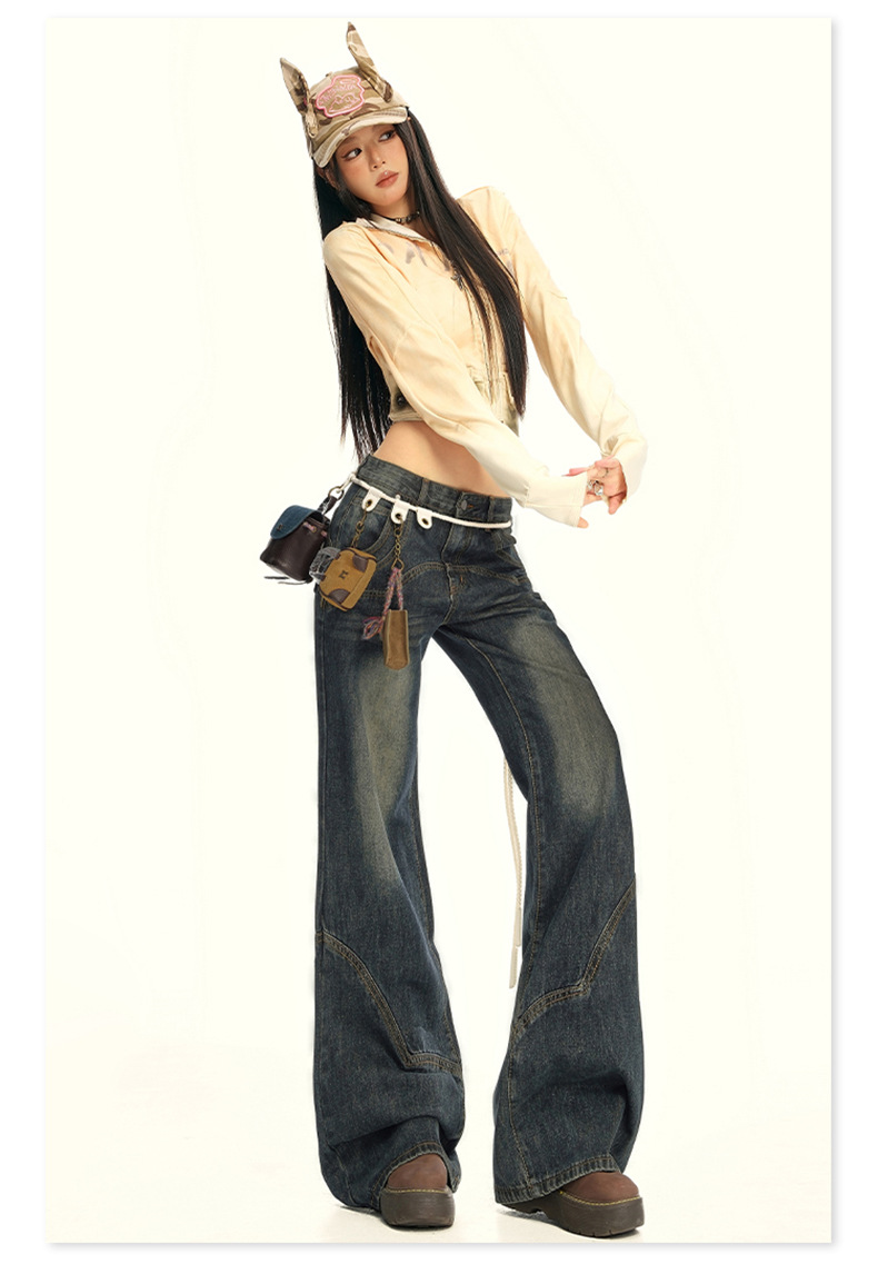 Women's Wide-Leg Jeans with Splicing Retro Design Loose and Slimming Flare Pants