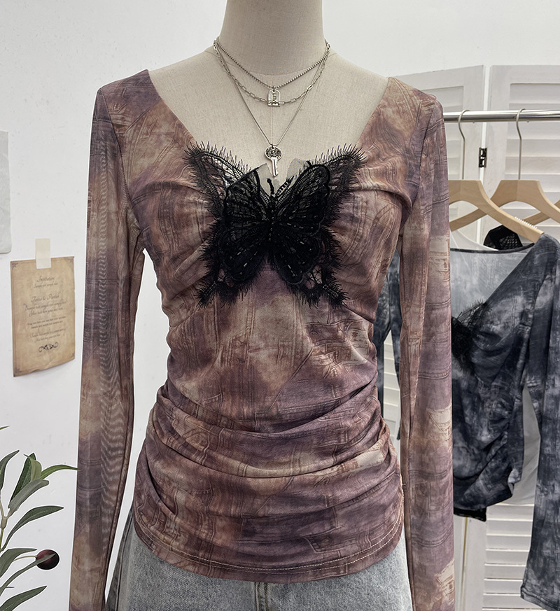 Plunging Neckline Long Sleeve Slim Fit Top