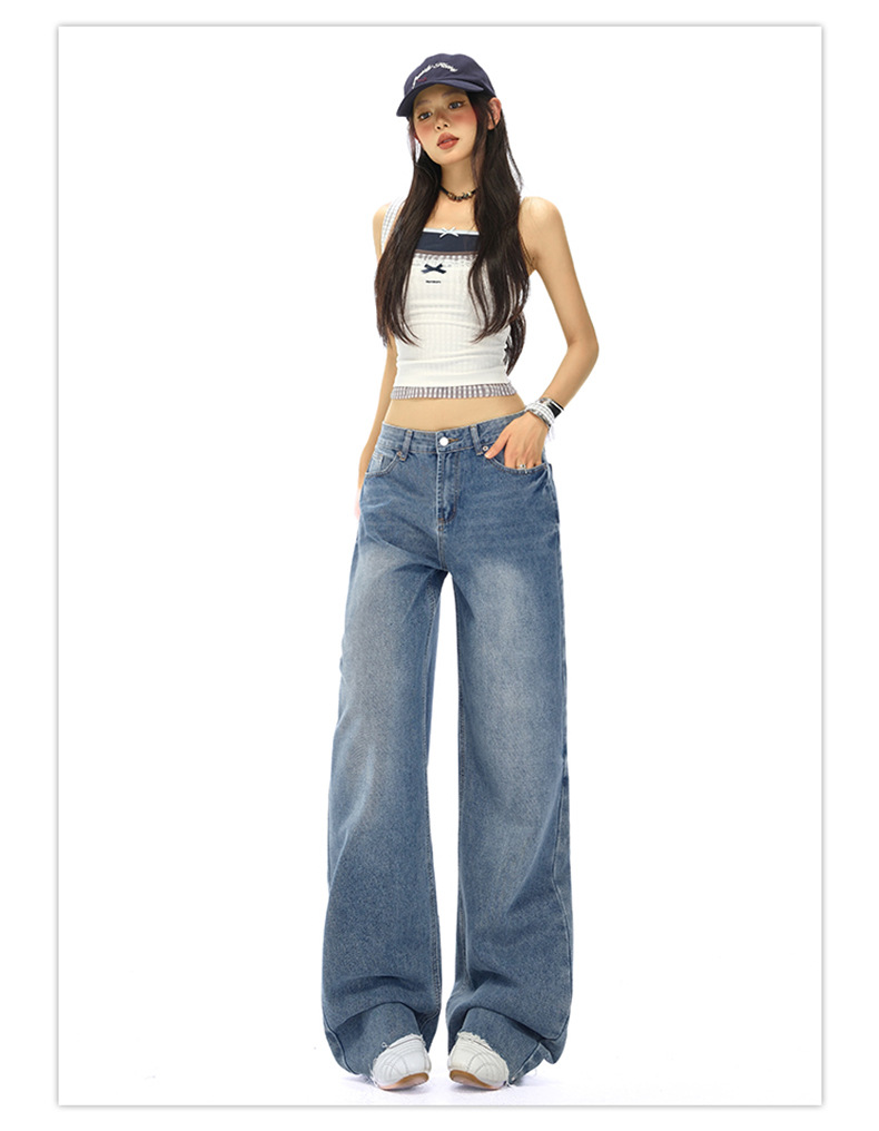 Women's Straight Jeans Washed Vintage Narrow Loose Wide-Leg Pants