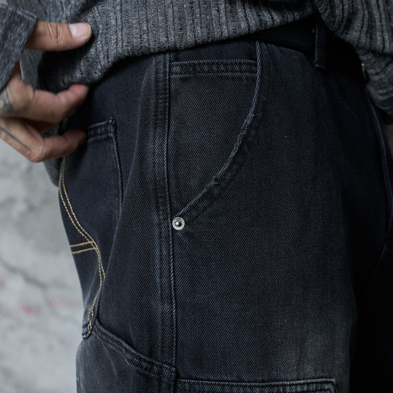 Loose Washed Multi-Pocket Straight Leg Wide Leg Jeans Unisex Loose Versatile Drapey Long Pants