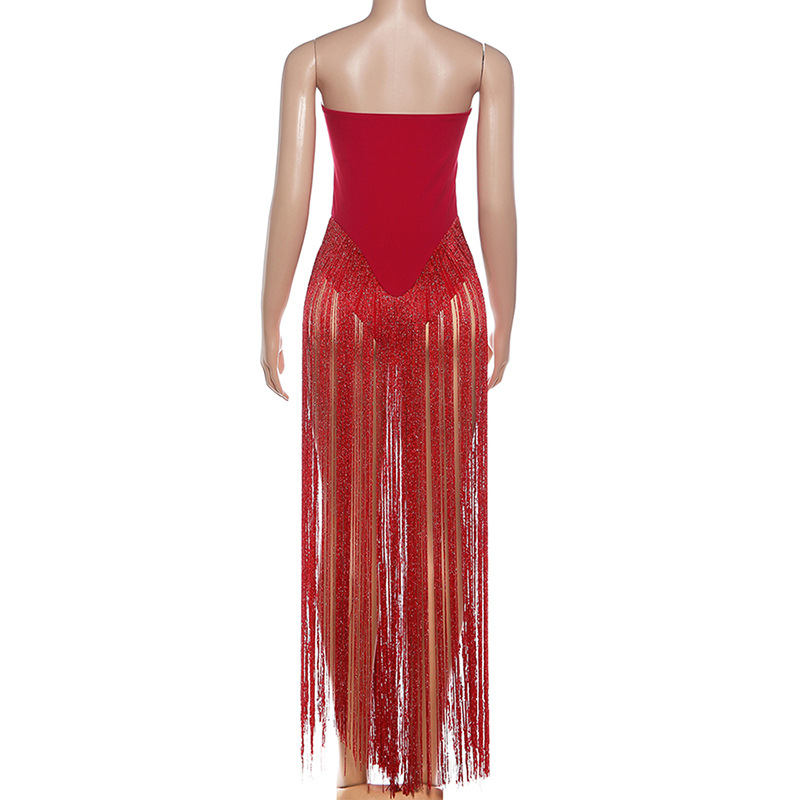 Raised-Waist Open Back Bandeau Fitted Tassel Jumpsuit