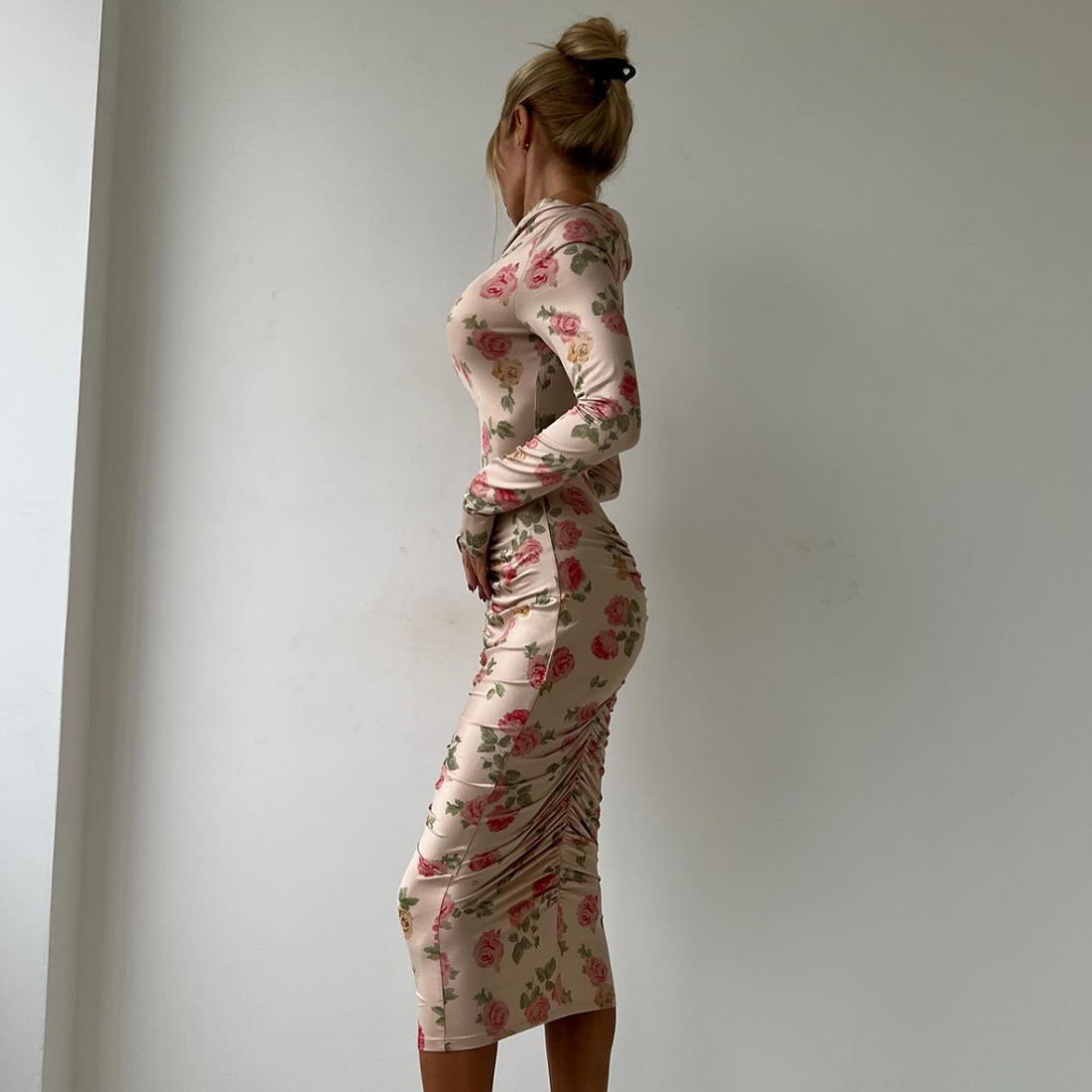 High Waist Asymmetric Full Sleeve Midi Pencil Dress