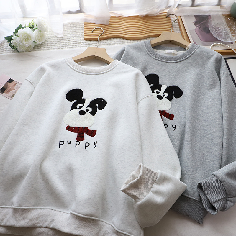 Casual Cartoon Embroidered Fleece Lined Thick Hoodie for Women Round Neck