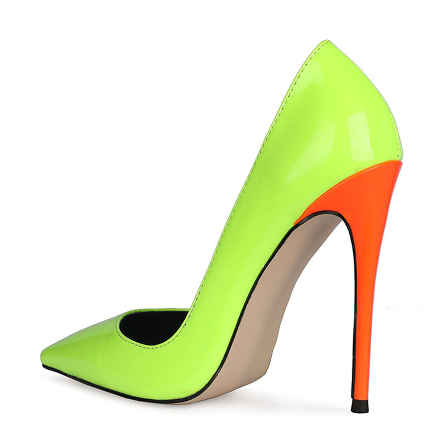 Thin Heeled High Heels, European and American Pointed Patent Leather Color Matching Light Cut Large Size Single Shoes