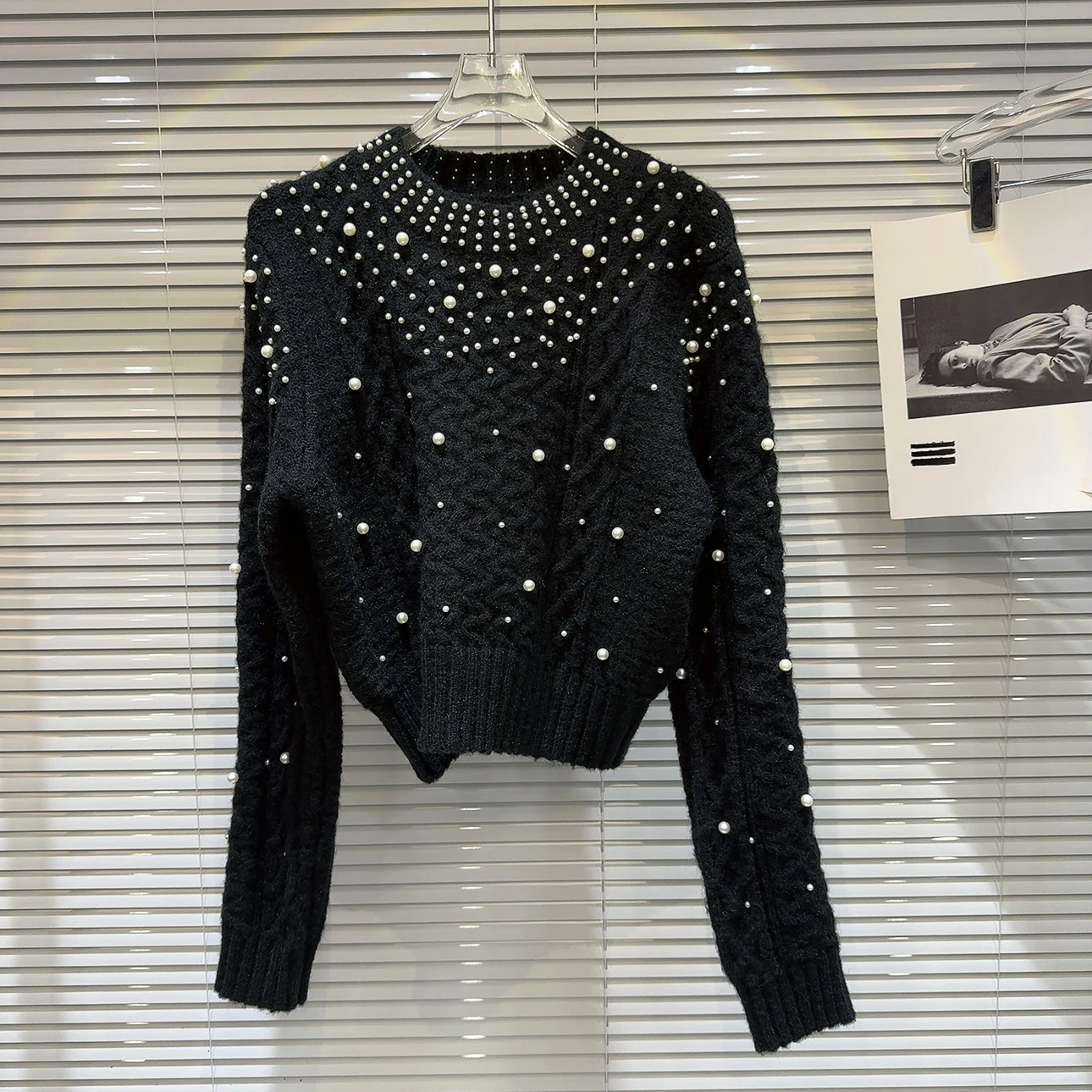 Ladies Beaded Mesh Crew Sweater