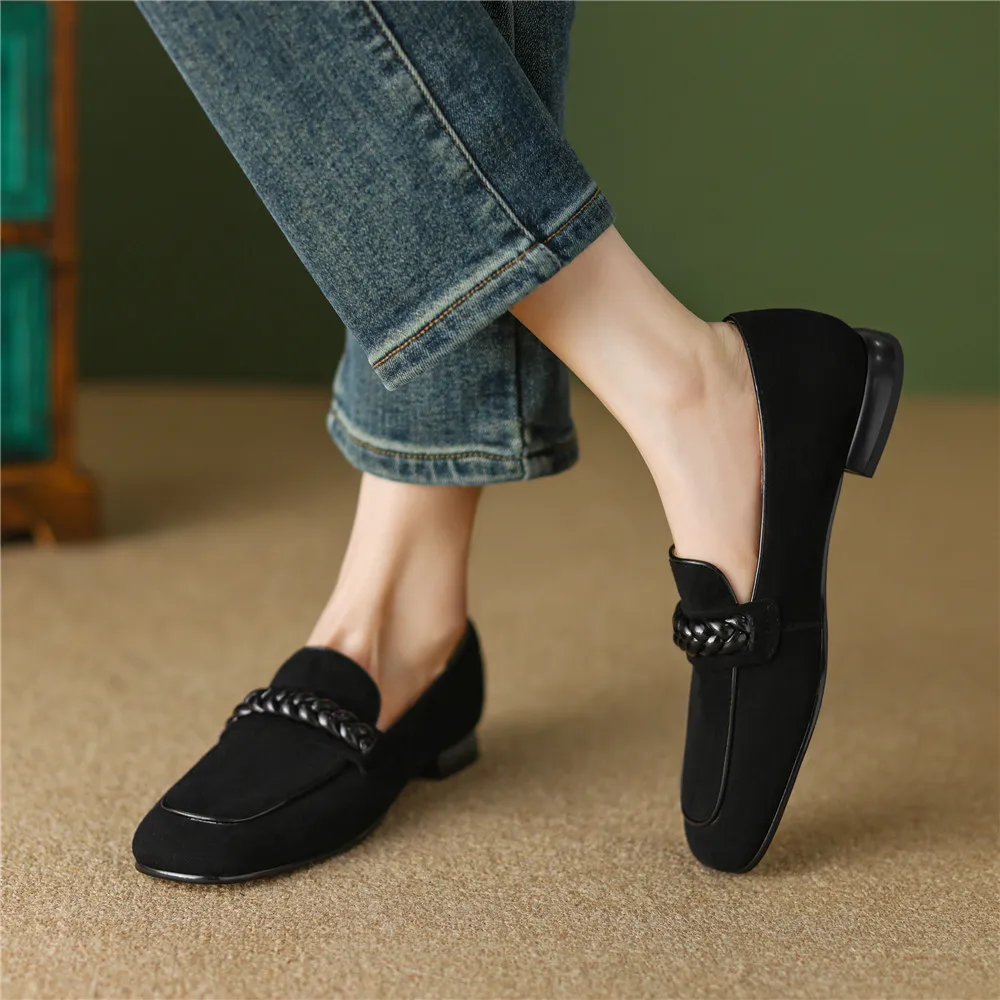 Concise Solid Color Women Soft Kid Suede Flats Slip On Round Toe Casual Street Shoes Handmade For Ladies