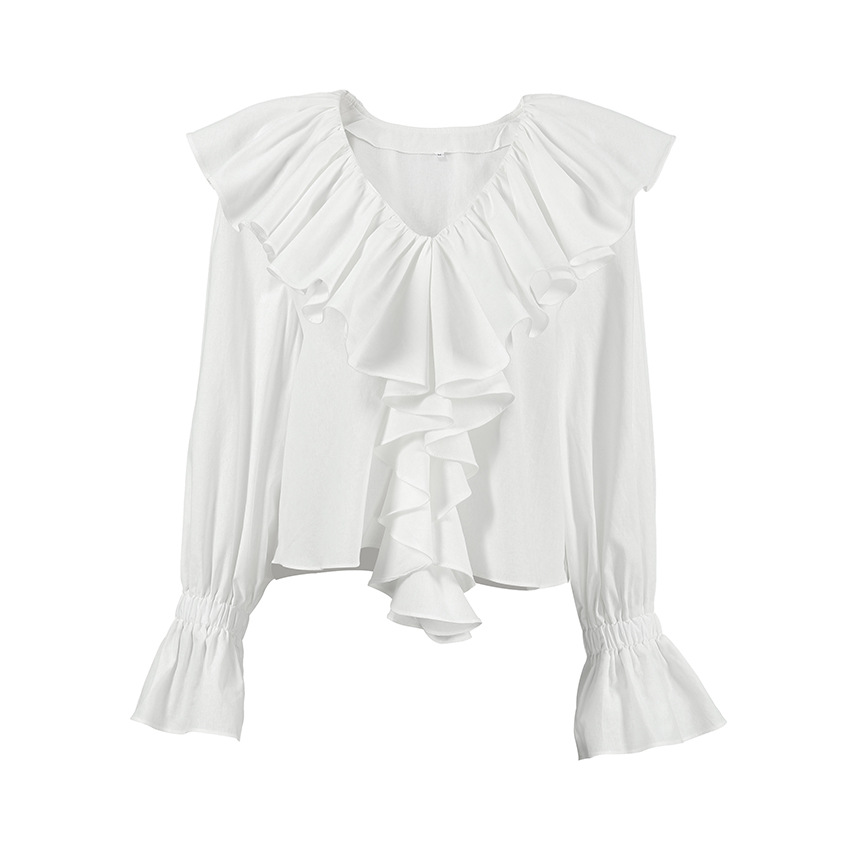 Slim Fit Cotton V-Neck Long Sleeve Frilled Blouse