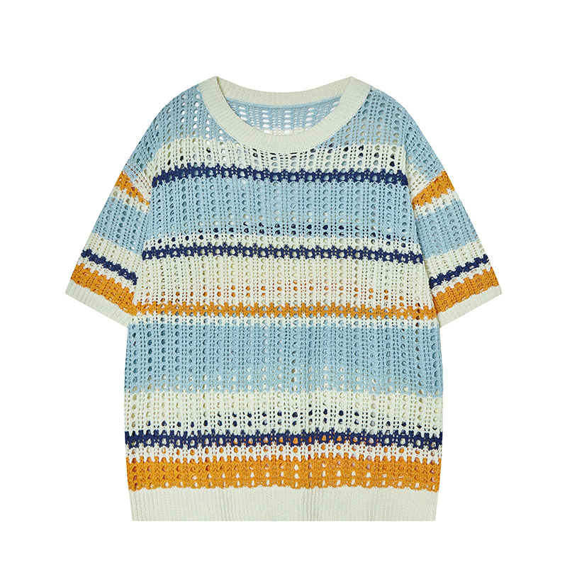 Mens American Vintage Cutout Two-Tone Striped Crew Tee