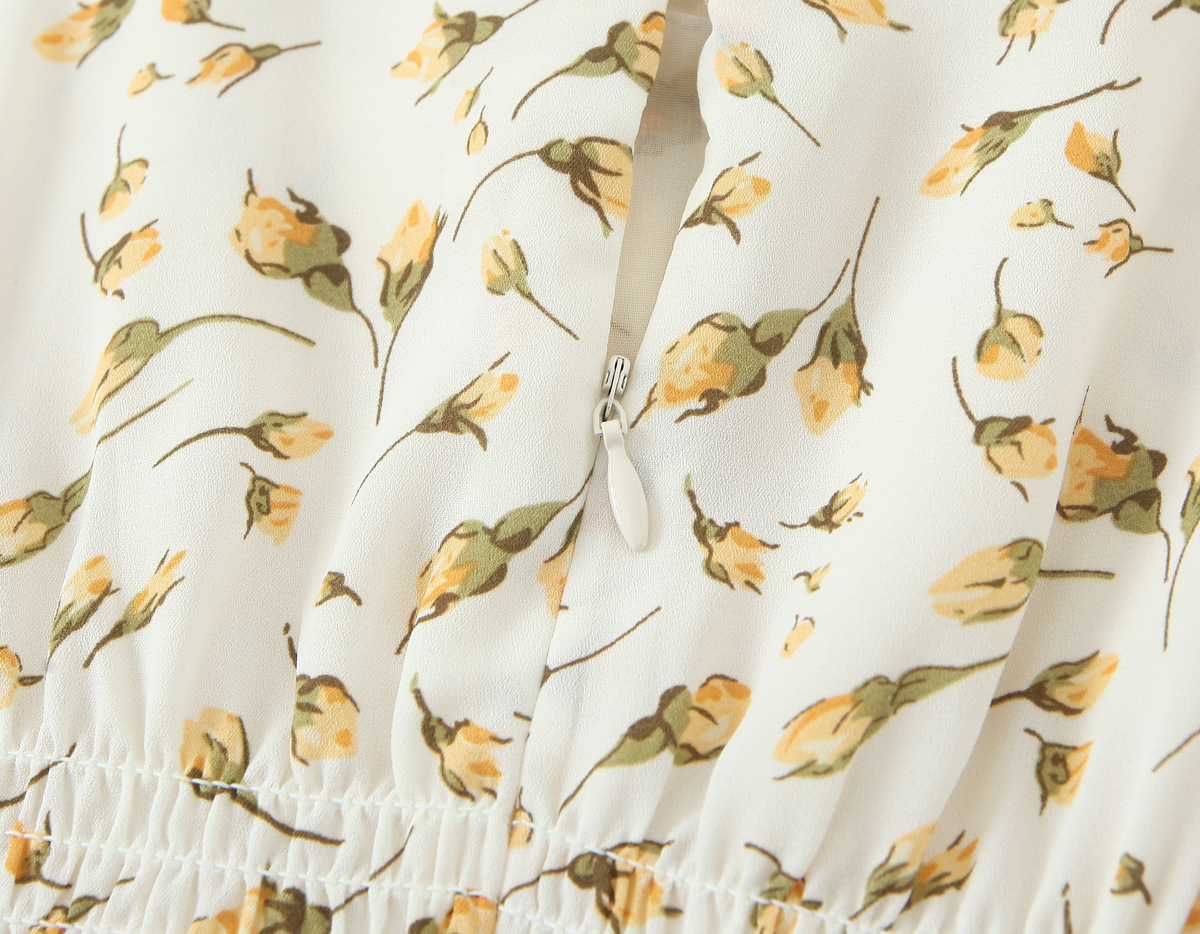 Floral Print Square Neck Tie-Waist Bubble Sleeve Dress