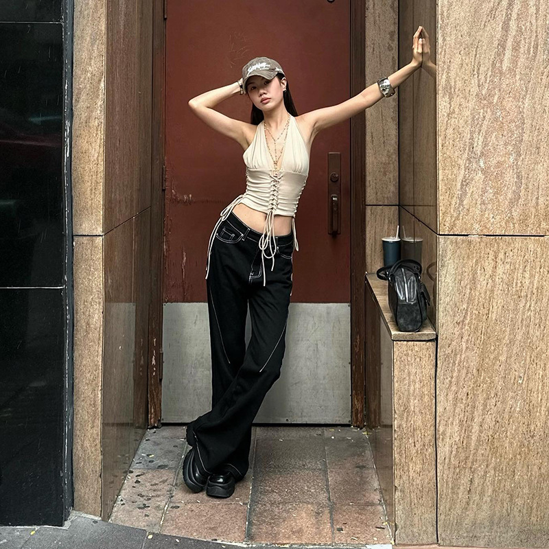 Deep V-belt vest hanging neck slim fit versatile top for women