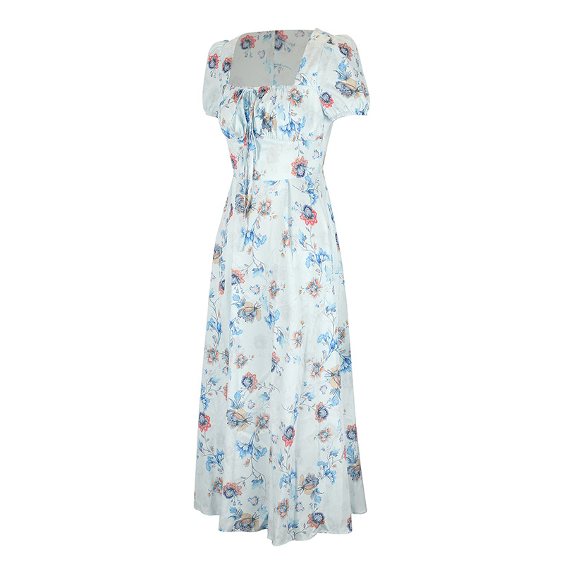 Short Puff Shoulder Botanical Maxi Dress