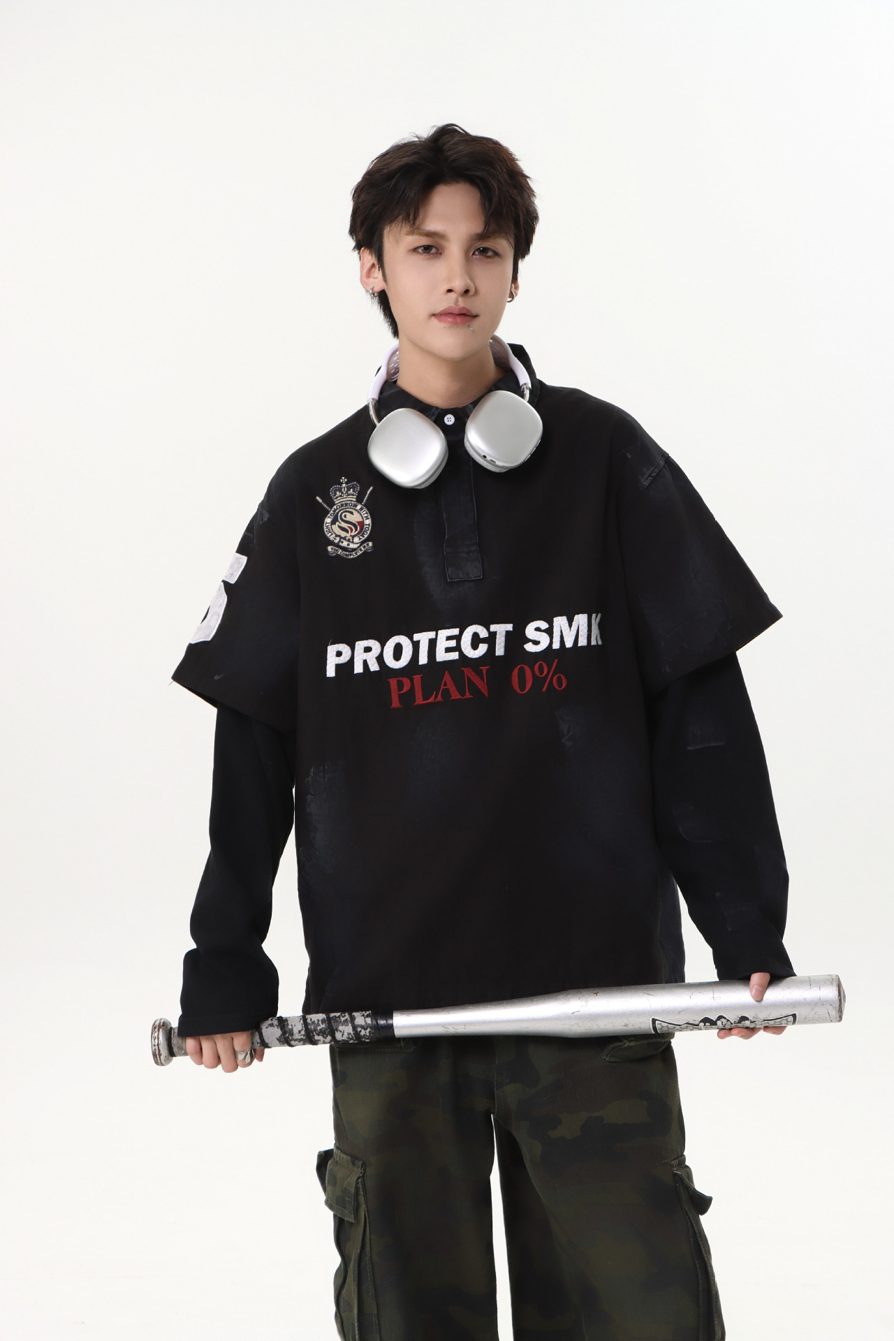 Heavyweight Cotton Long Sleeve Faux-Layered Button-Up Letter Hoodie