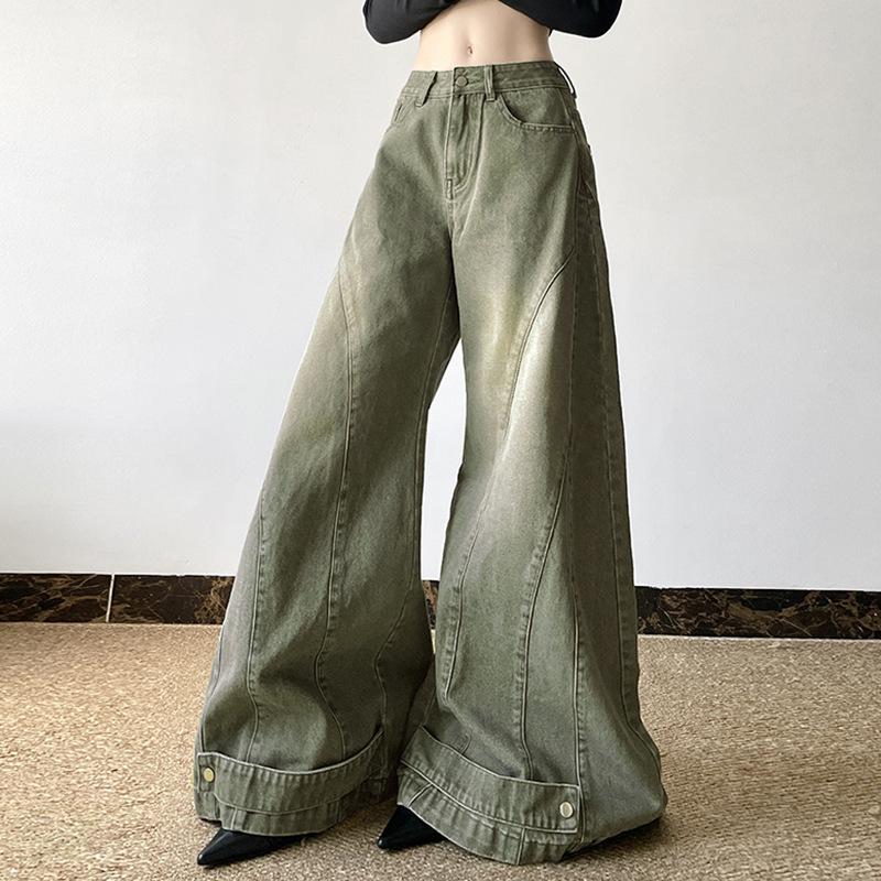 Washed curved knife women's autumn and winter loose fitting patchwork wide leg jeans