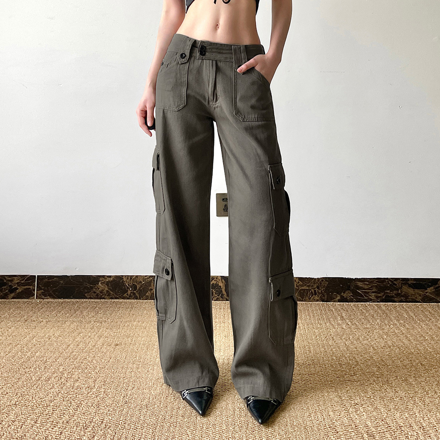 Low waisted workwear women's double row buckle multi pocket splicing straight leg wide leg jeans