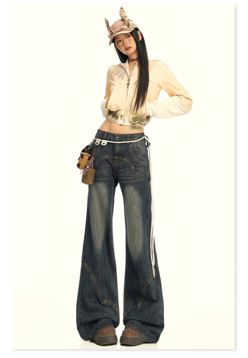 Women's Wide-Leg Jeans with Splicing Retro Design Loose and Slimming Flare Pants