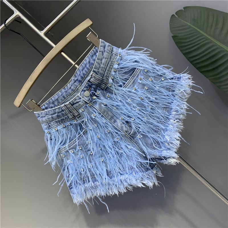 Tassel studded diamond washed denim shorts