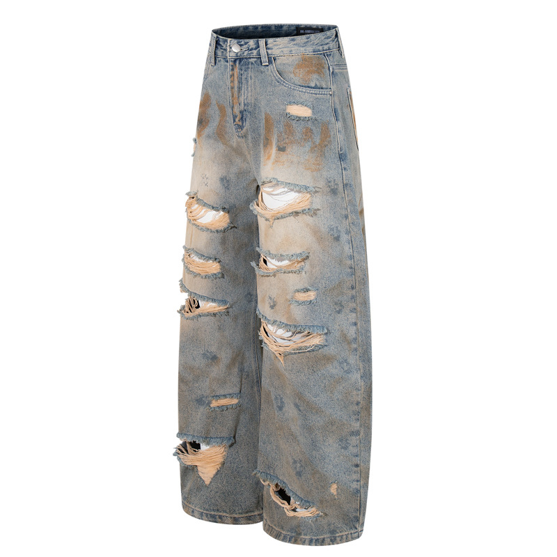 Style Casual Knife-Shape Pants Men Loose Straight Leg Distressed Autumn Fashion Vintage Ripped Jeans