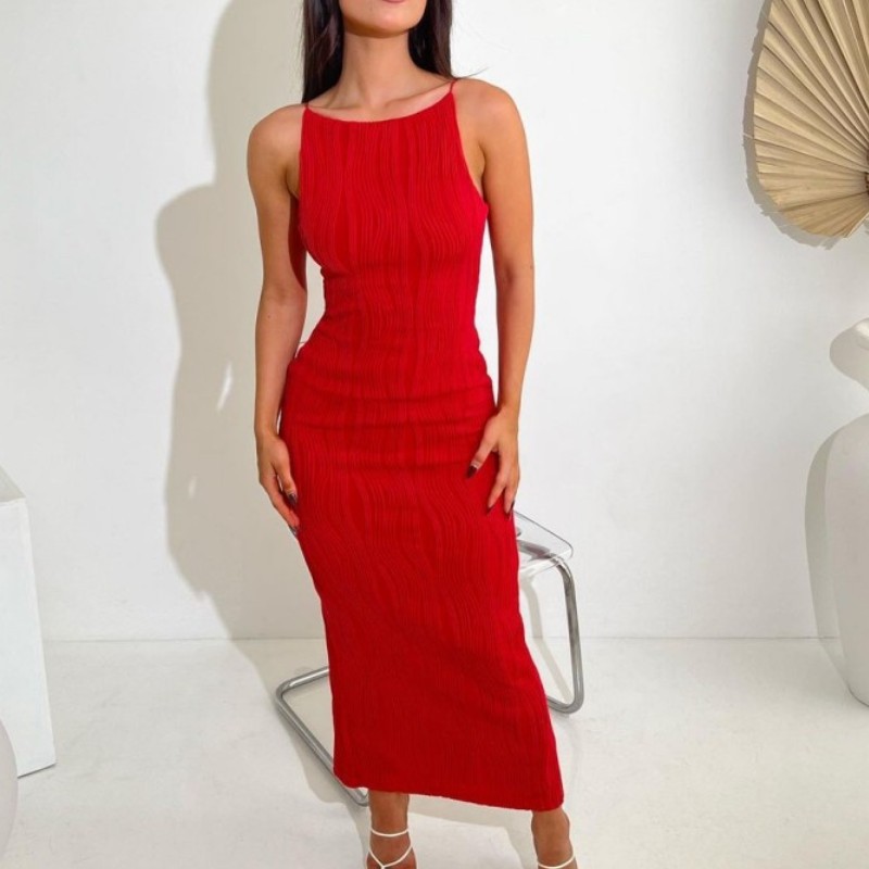 Open Back Sleeveless Collarless Polyester Mid Waist Dress