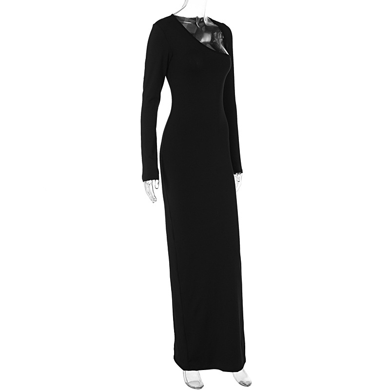 Full Sleeve Asymmetric Neck Straight Rear Slit Dress