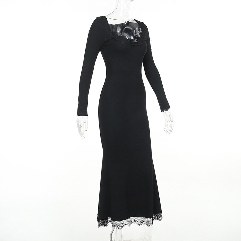 U-Neck Long Sleeve Polyester Bodycon Dress