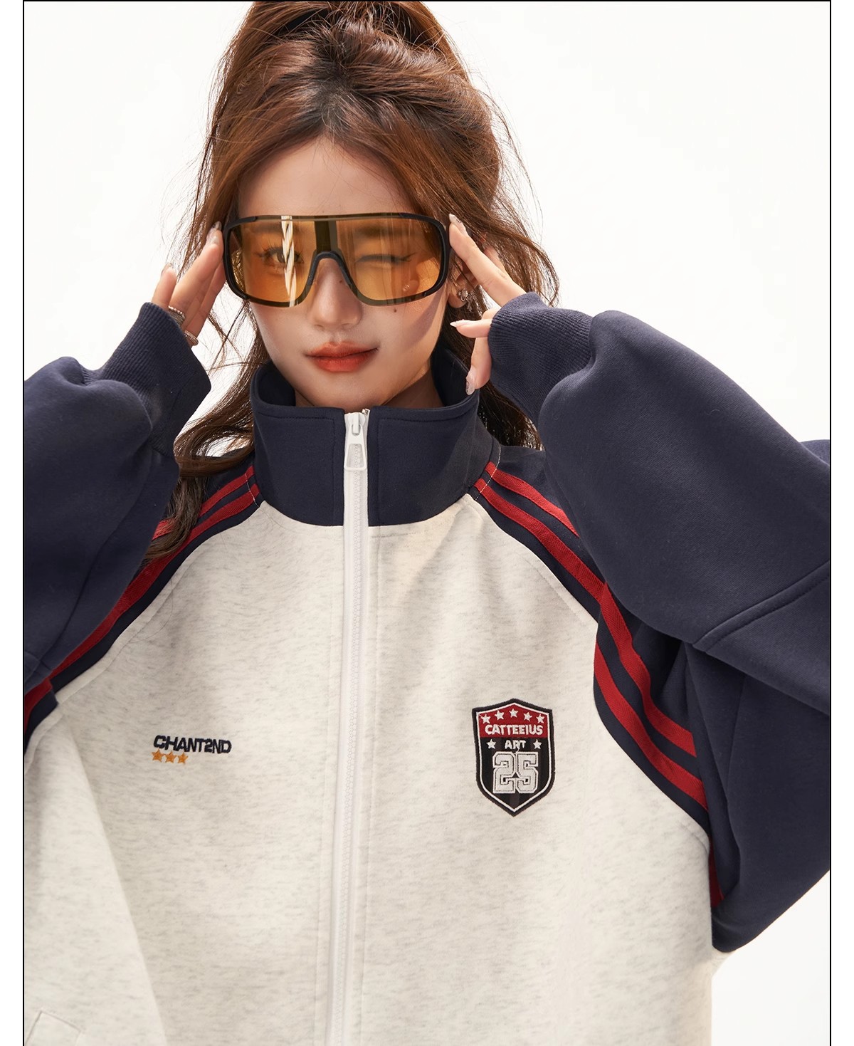 Retro Jacket for Women, High-End Patchwork Raglan Sleeve Hoodie Cardigan, Versatile Stand-Up Collar Top
