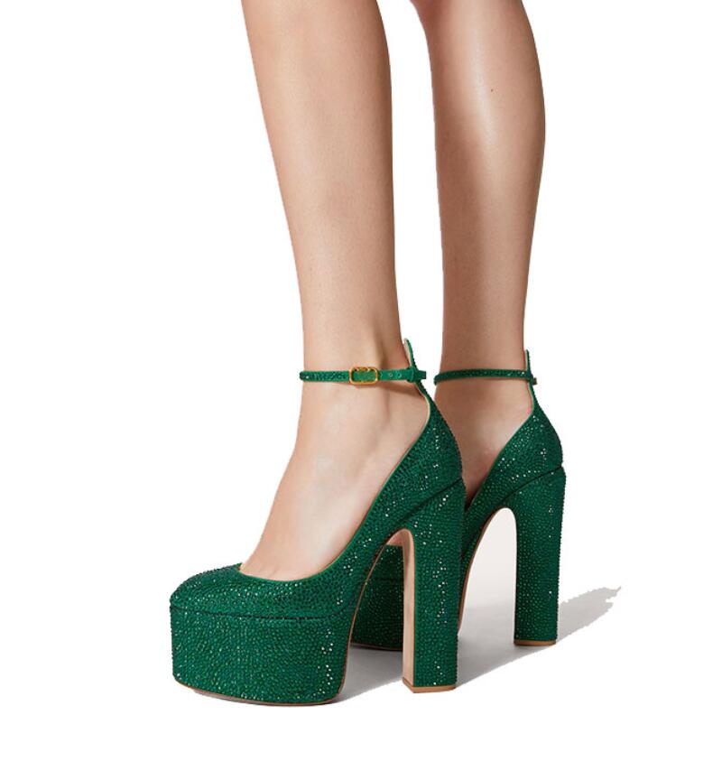 Processing time:5-7days after placing orders New Sexy Brand Women's Hot Drilling Wedding Shoes Thick High Heel Platform Pumps Party Black Beige Green Purple Big Size 43