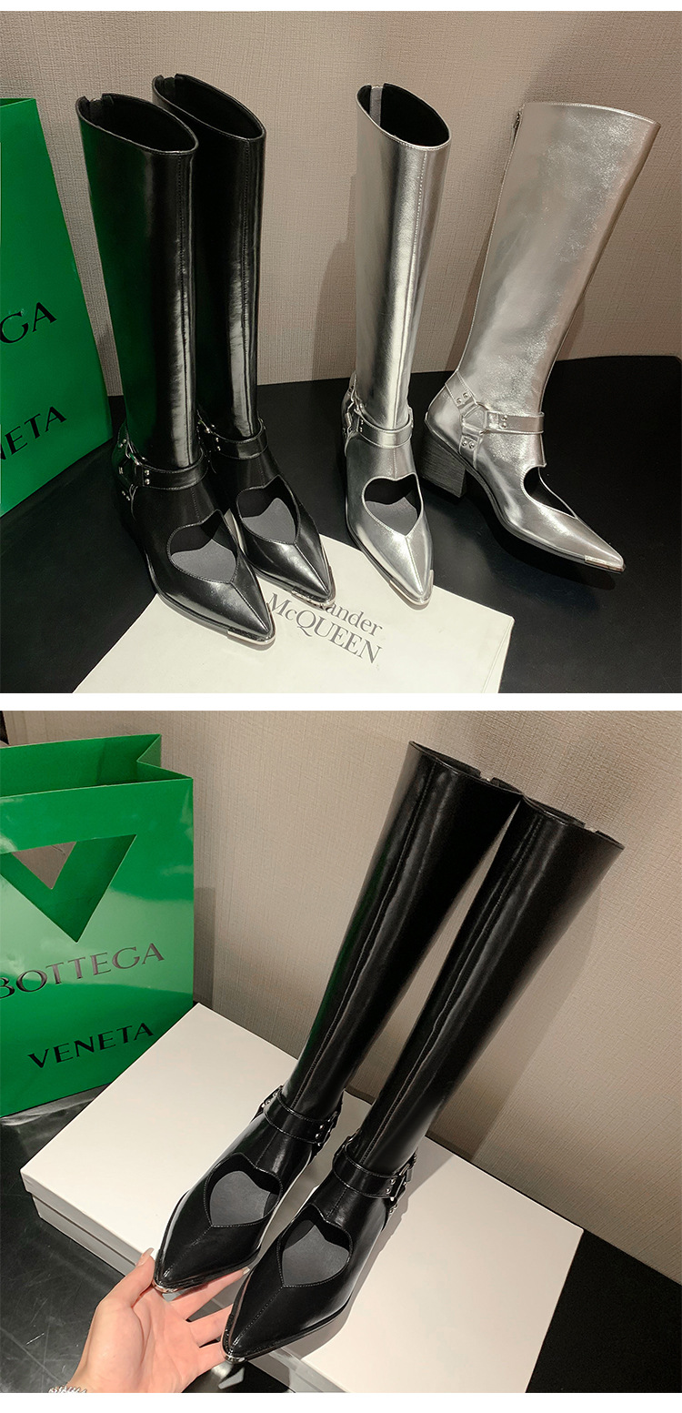 Genuine Leather Shoes Woman Knee HIgh Boots Spring Autumn Pointed Toe CHunky Heels Black Silver Dress Party Casual Shoes