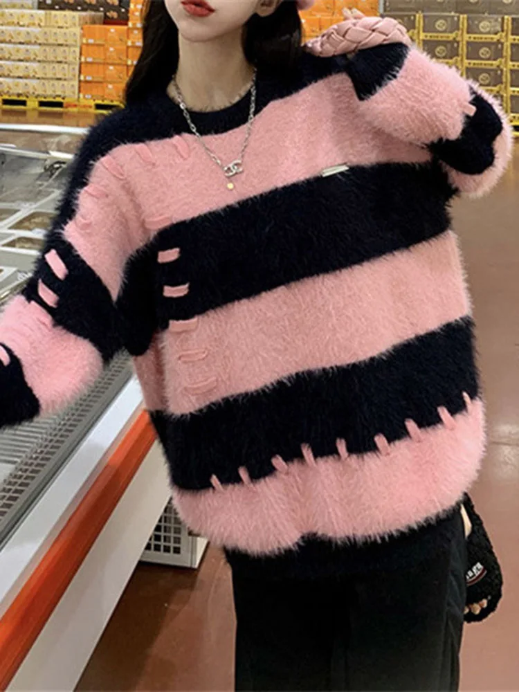 Ladies Fall Two-Tone Oversized Stretch Acrylic Sweater