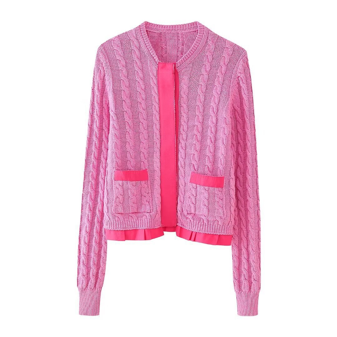 Round neck contrasting color open knit sweater patchwork jacket top