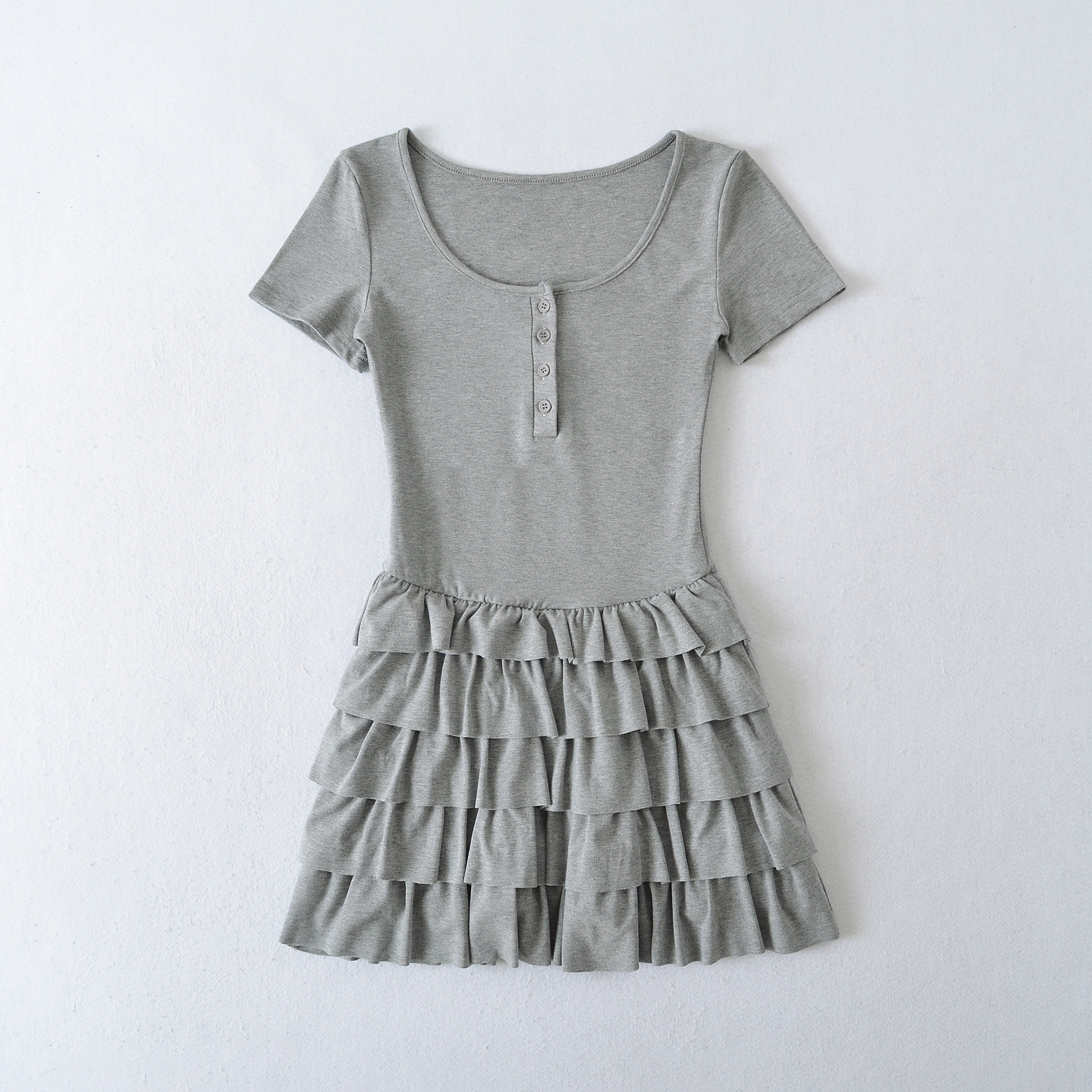 U-neck Single-breasted Short-sleeve Spliced Dress