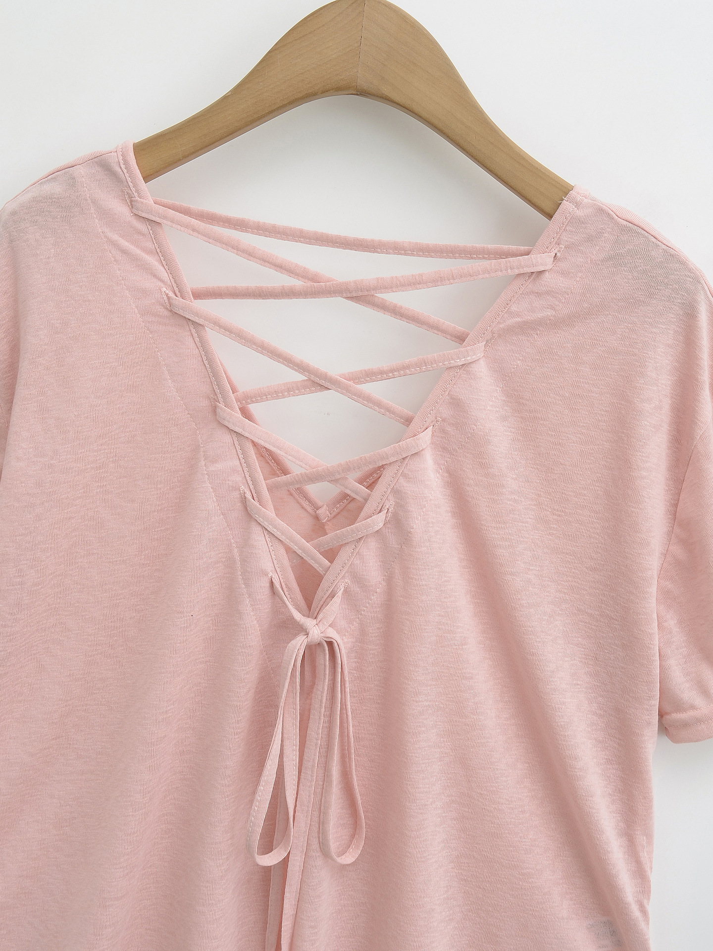 Tie Rope V-Neck Short Sleeve Loose Casual T-Shirt