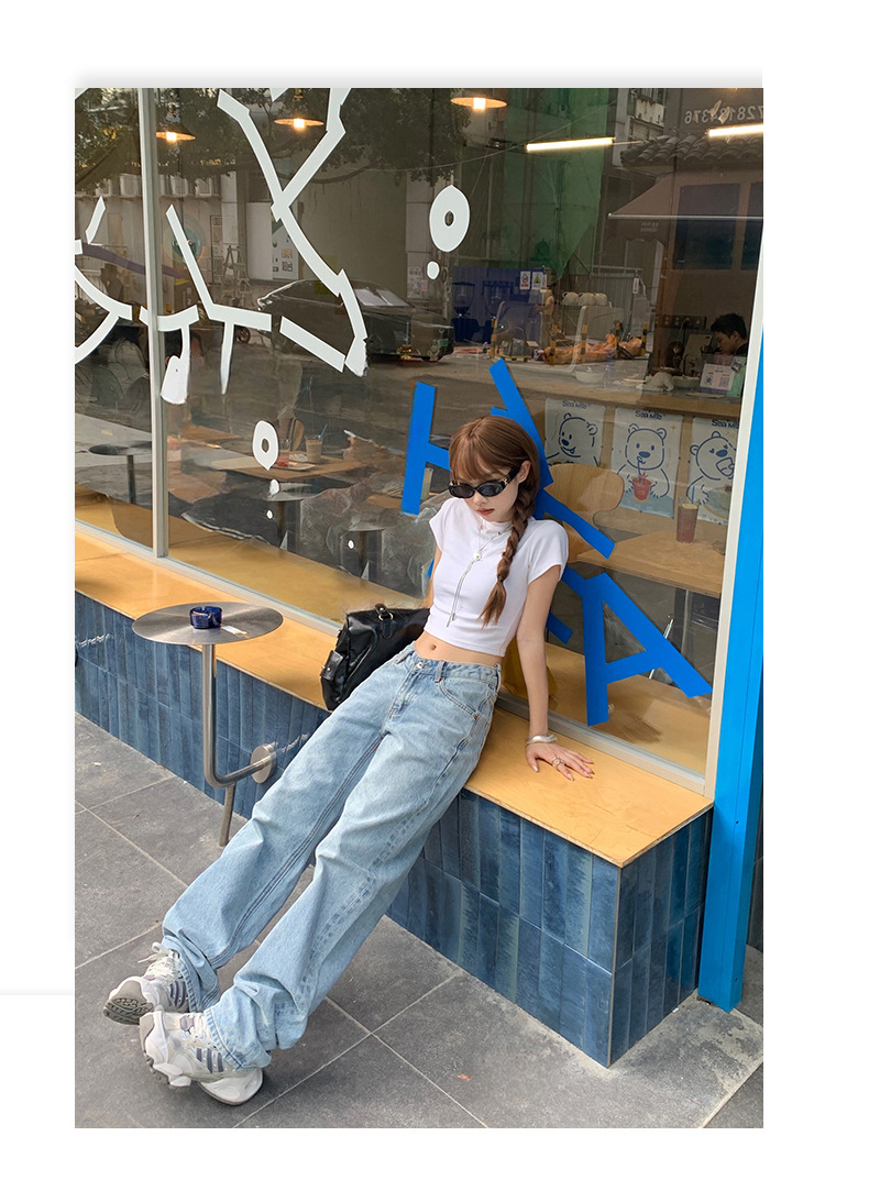 Washed Blue V-neck Waist Straight Leg Jeans Women Loose Slimming High-waisted Versatile Drape Floor-length Pants
