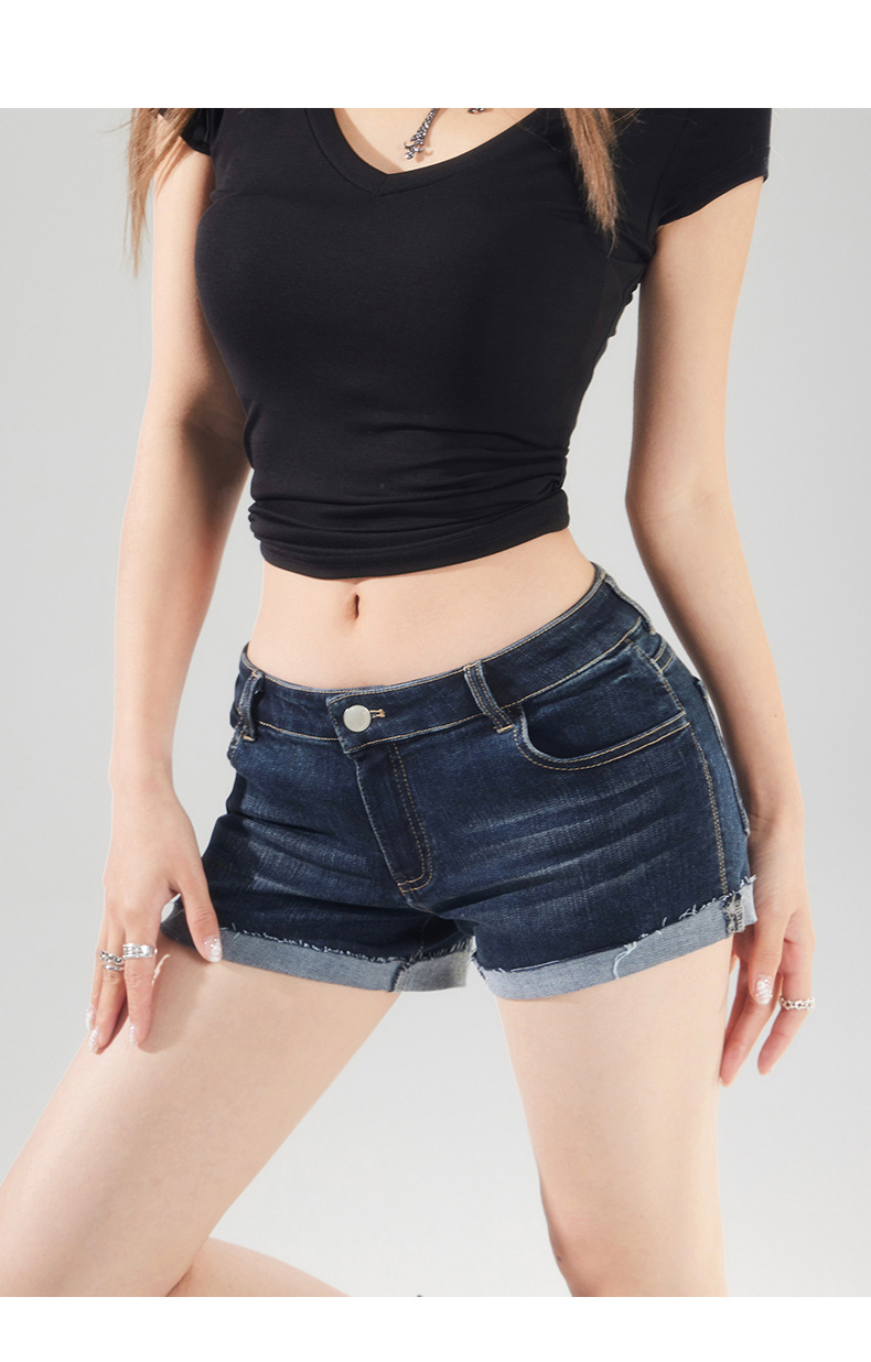 Dark Blue Cuffed Denim Shorts for Women Elastic High Waist Washed Versatile Spicy Girl Sexy Hot Pants