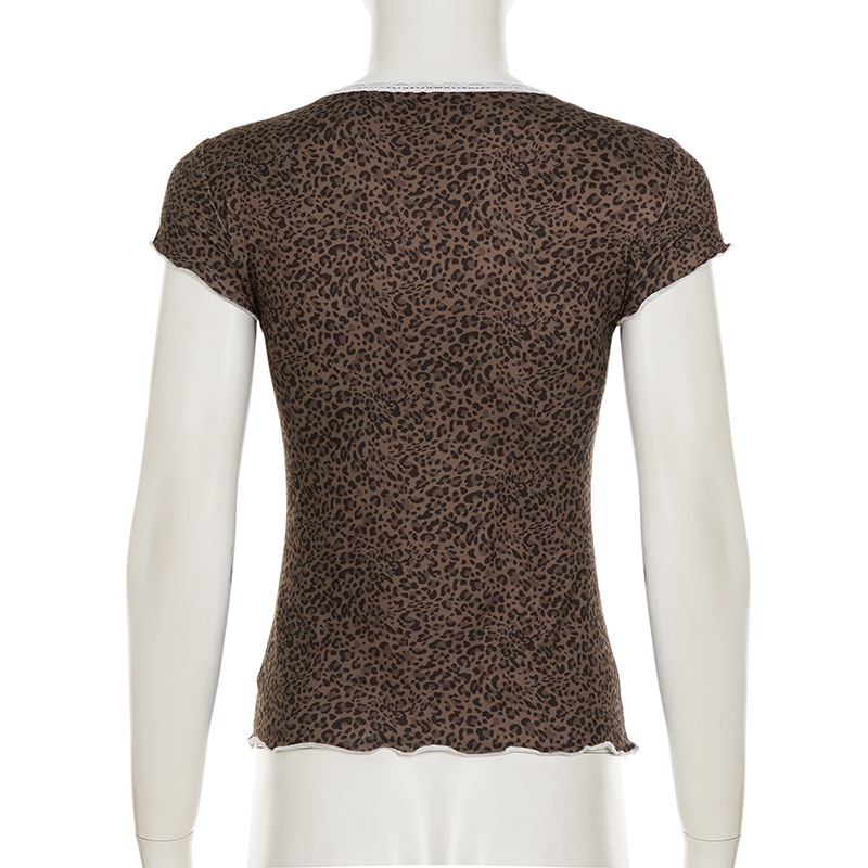 Vintage Leopard Lace Trim V-Neck Short Sleeve T-Shirt Elegant Close-Fit Crop Top